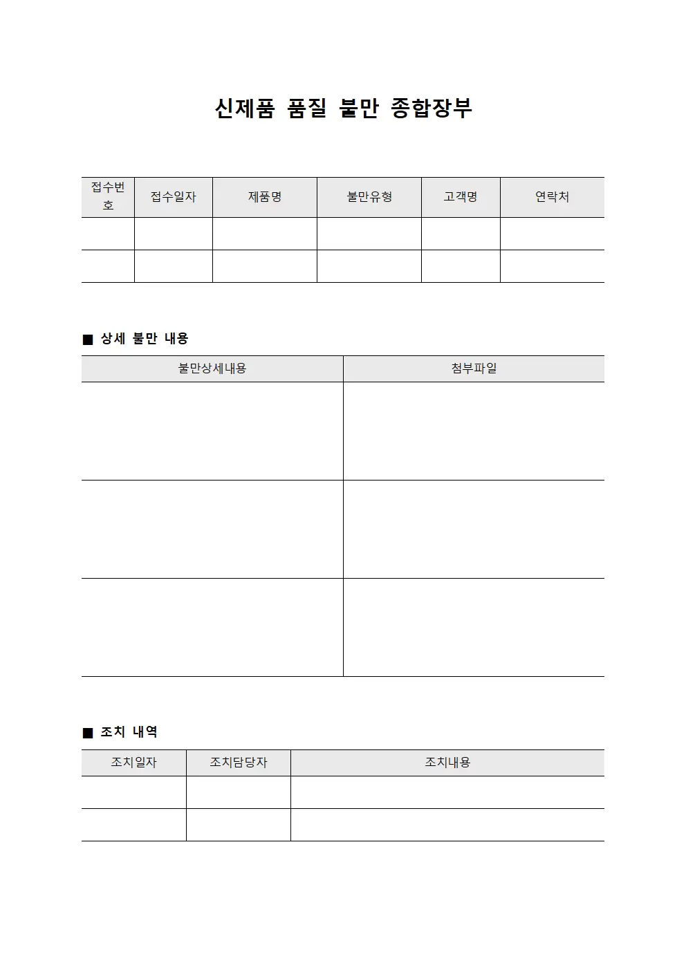 신제품 품질 불만 종합장부 양식문서