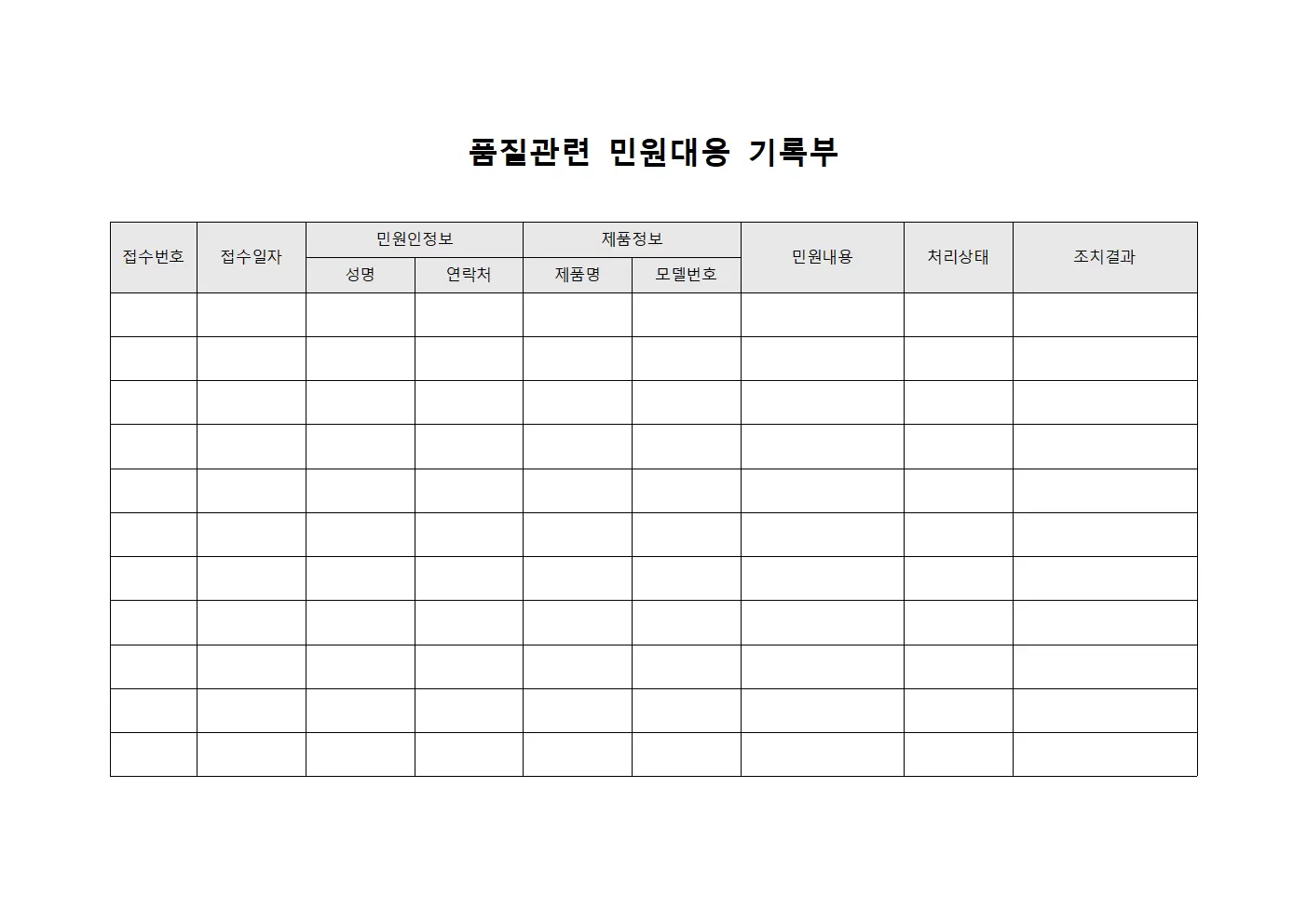 품질관련 민원대응 기록부 문서양식