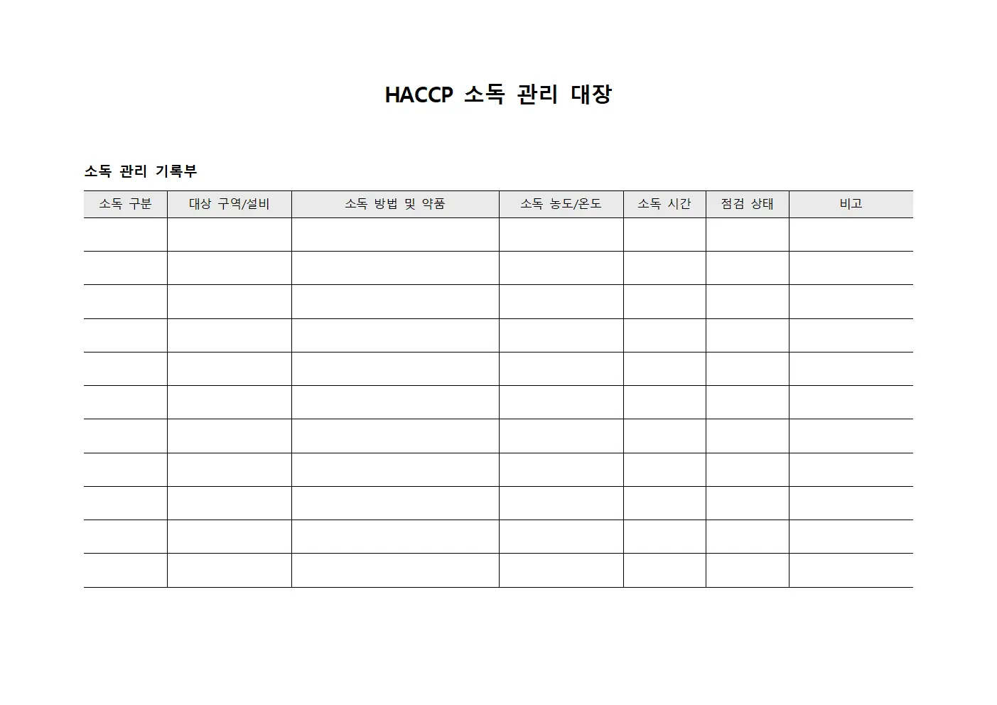 HACCP 소독 관리 대장