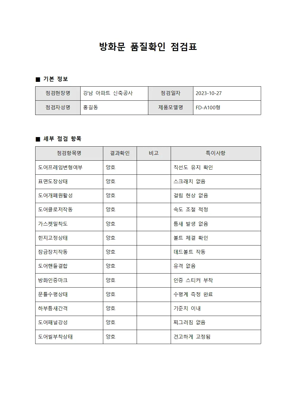 방화문 품질확인 점검표 문서서식