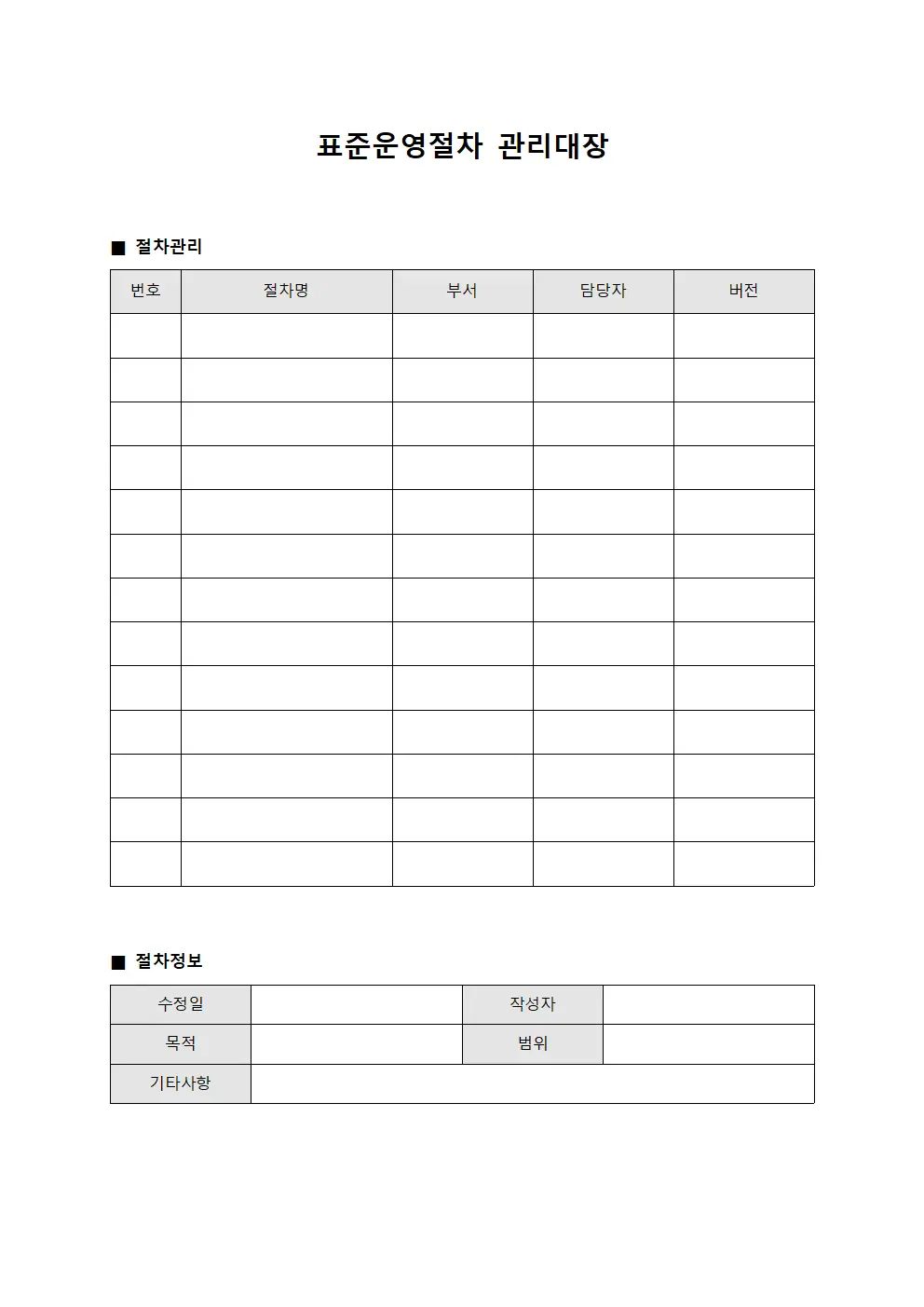 표준운영절차 관리대장 템플릿