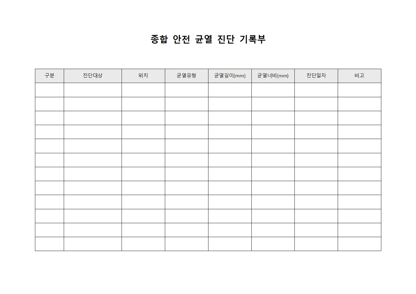 종합 안전 균열 진단 기록부 양식