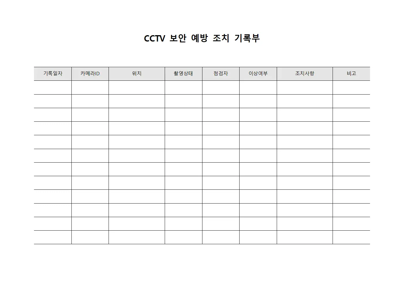 CCTV 보안 예방 조치 기록부 서식.양식