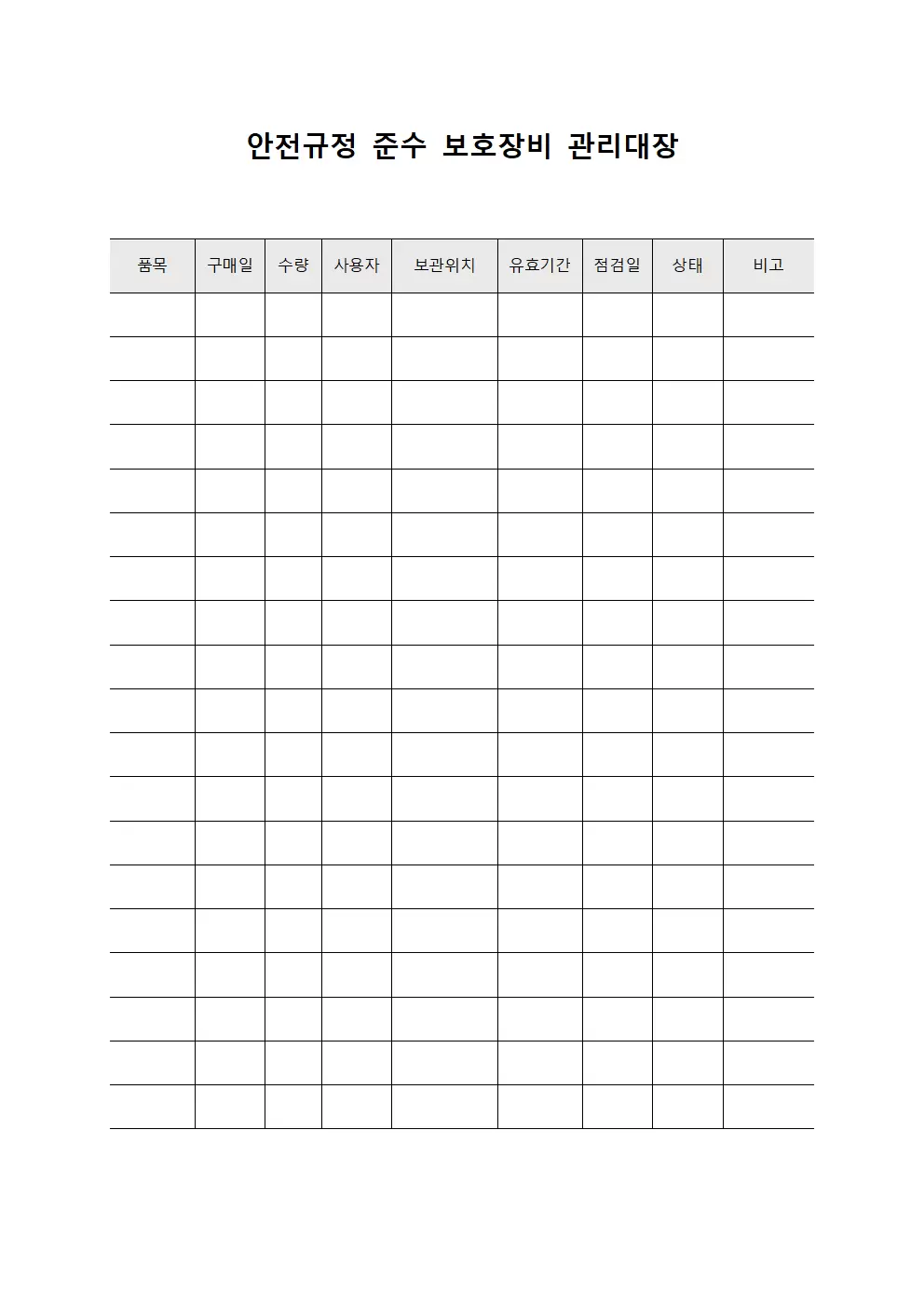 안전규정 준수 보호장비 관리대장