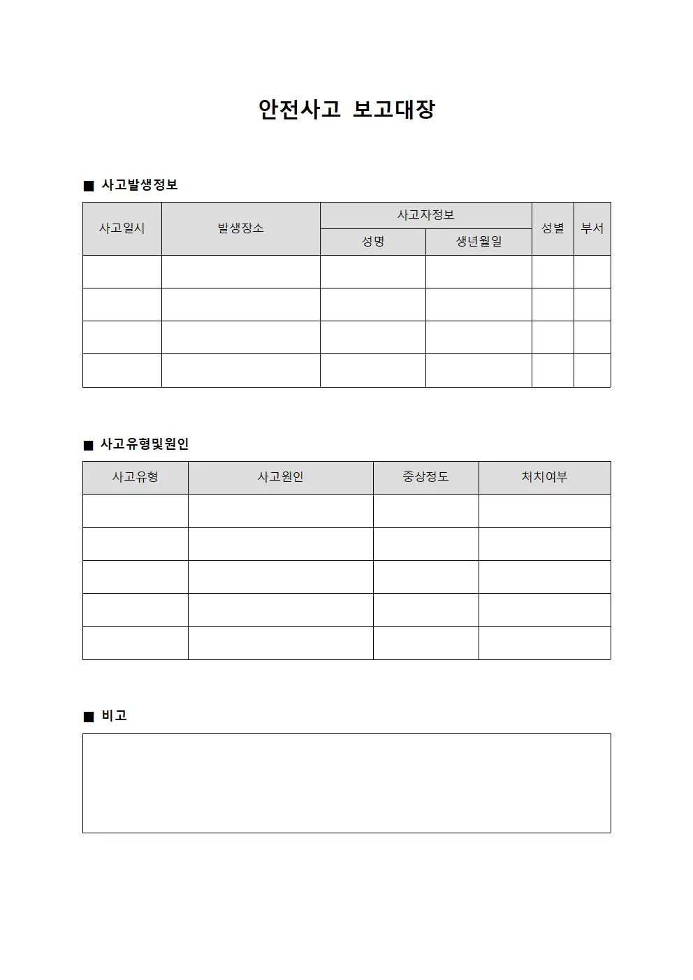 안전사고 보고대장