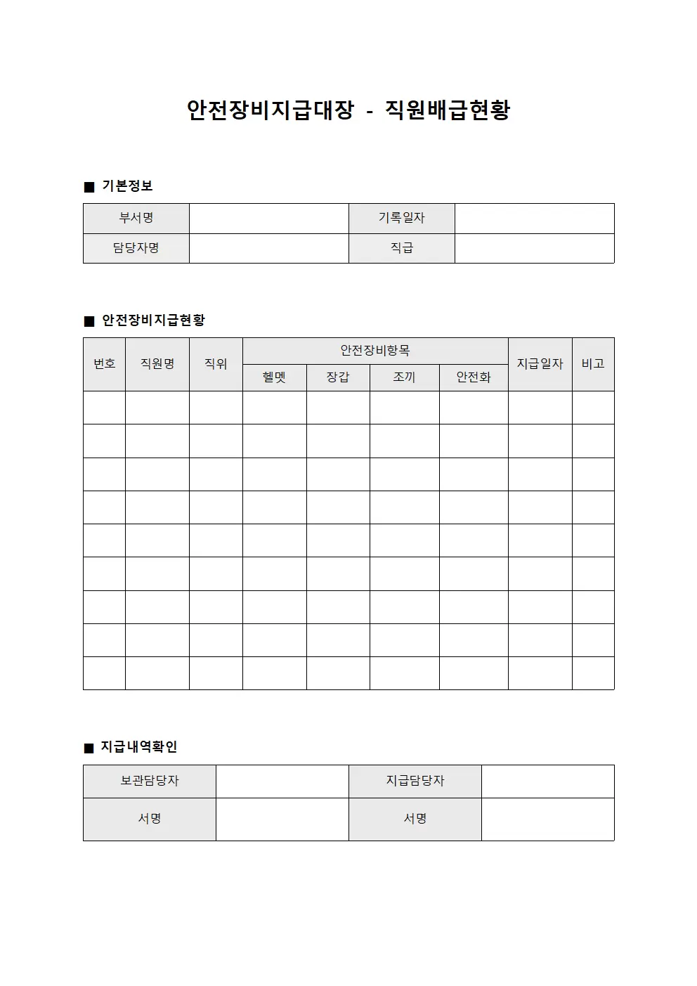 안전장비지급대장 - 직원 배급현황