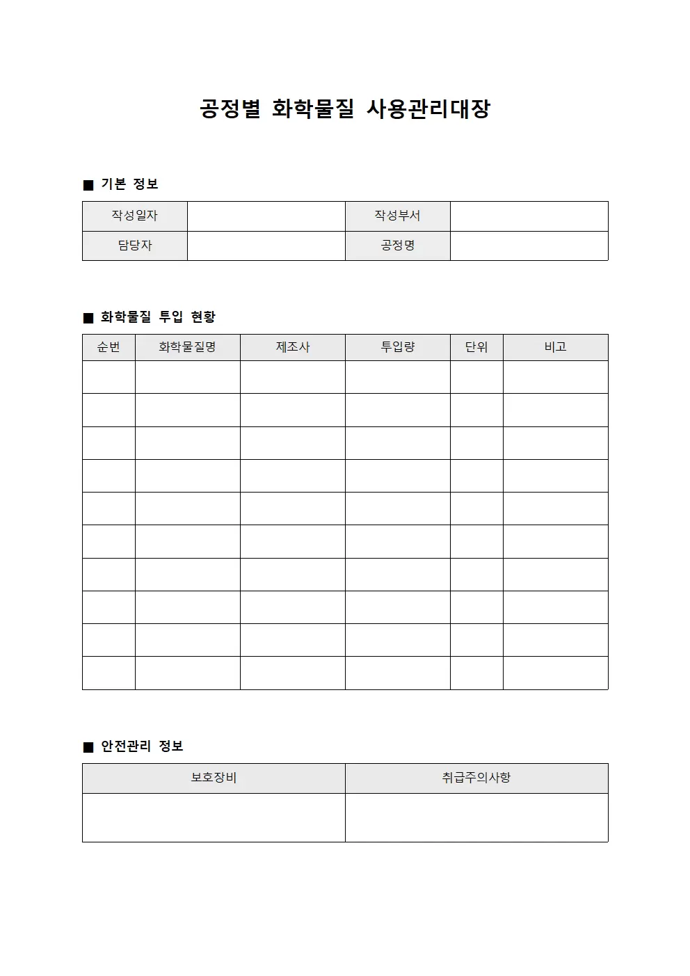 공정별원료투입 화학물질사용관리대장 템플릿