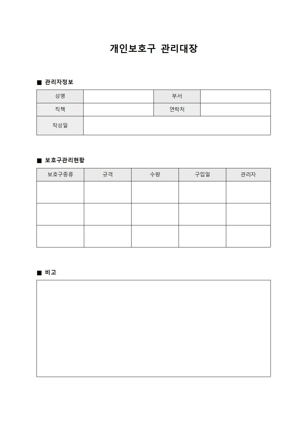 인력안전장비착용현황 개인보호구관리대장