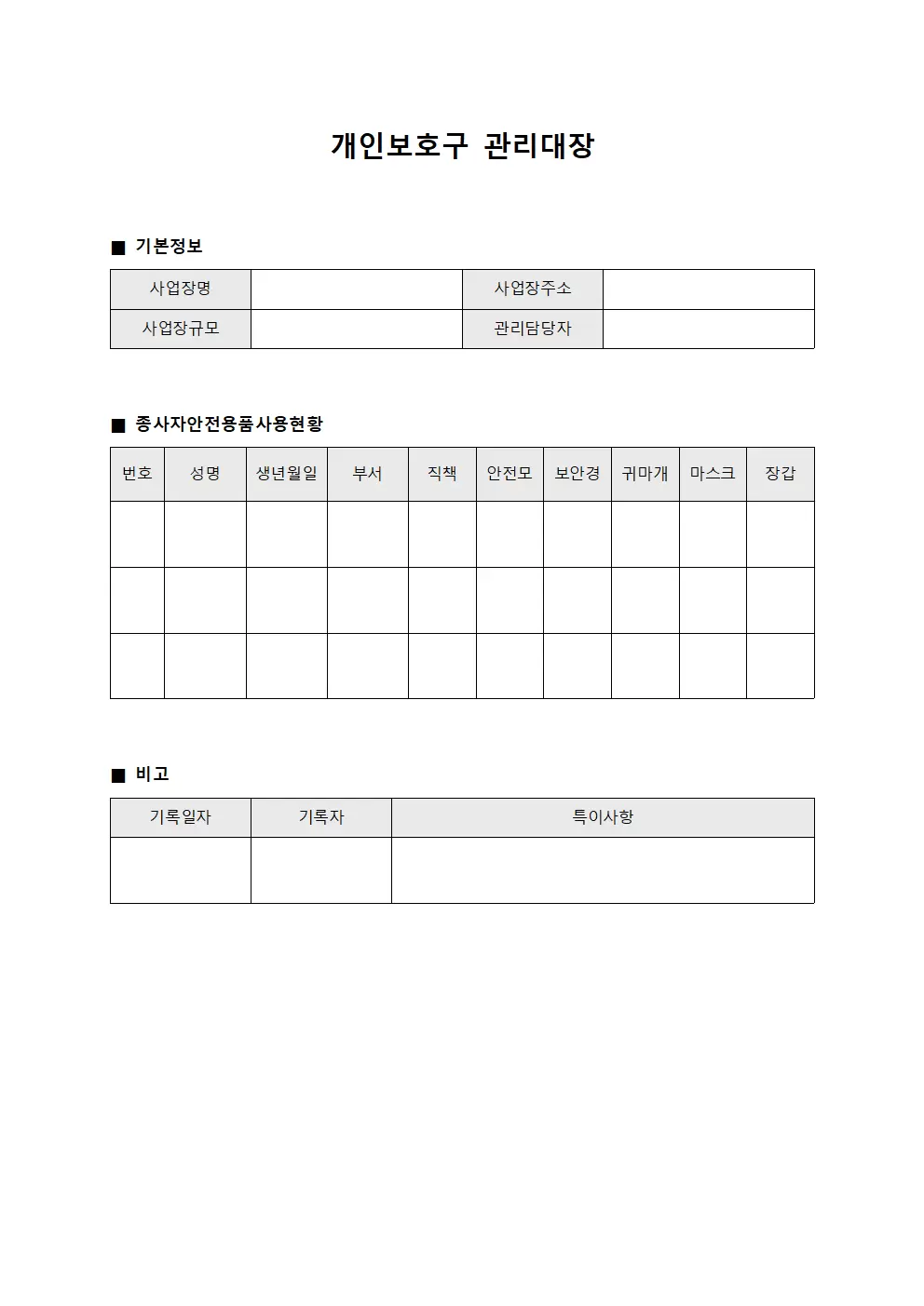 개인보호구관리대장 - 종사자안전용품사용현황