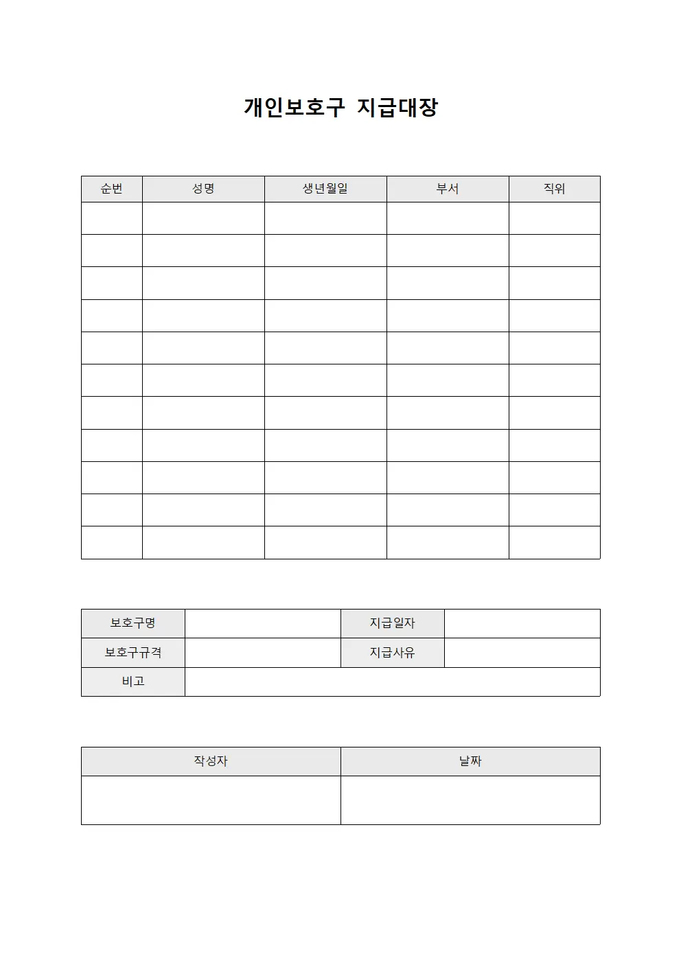 개인보호구지급대장 - 근로자
