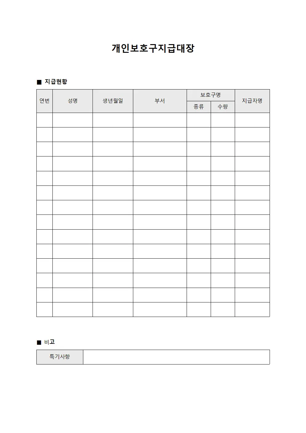작업 직원 안전보호장비 지급현황대장 양식문서