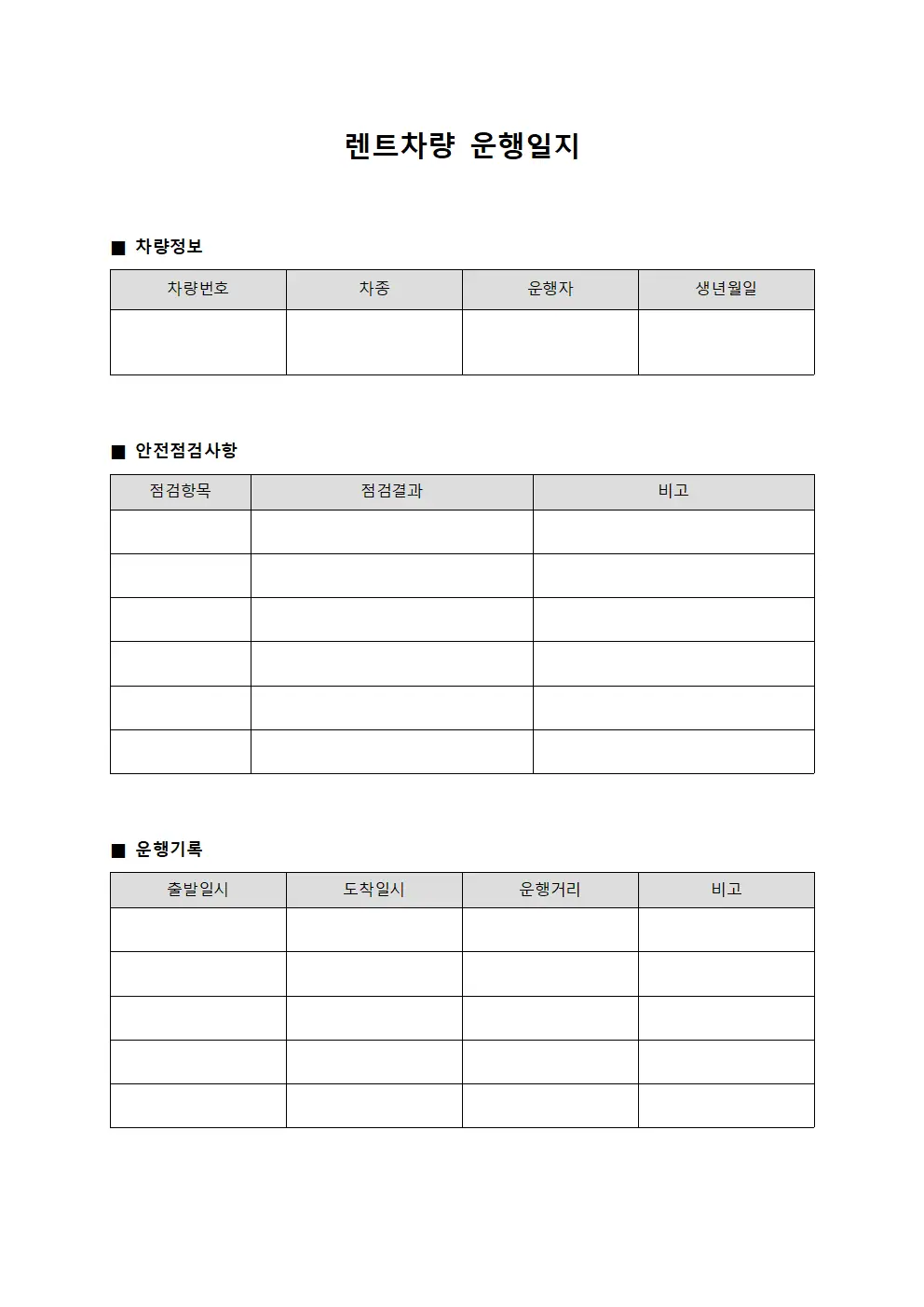 차량운행일지 안전점검사항