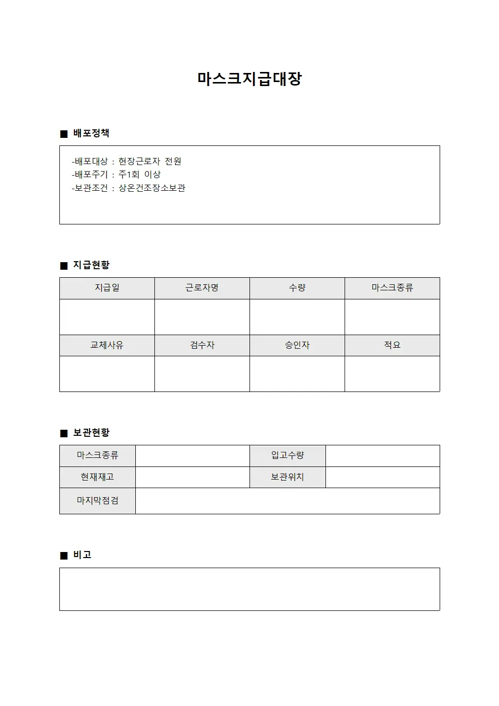 마스크지급대장 - 현장 근로자 보호용품