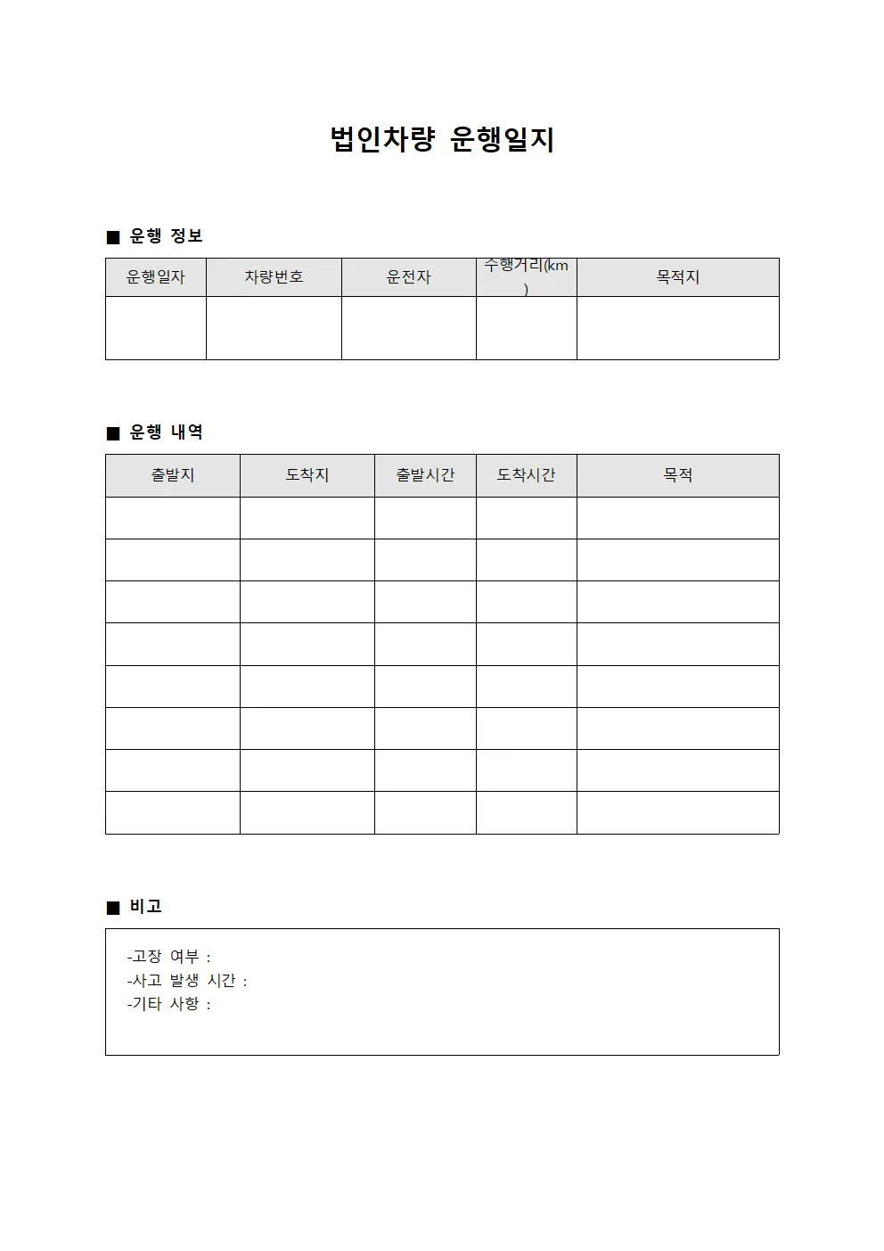 차량 운행일지 일일 운송 현황
