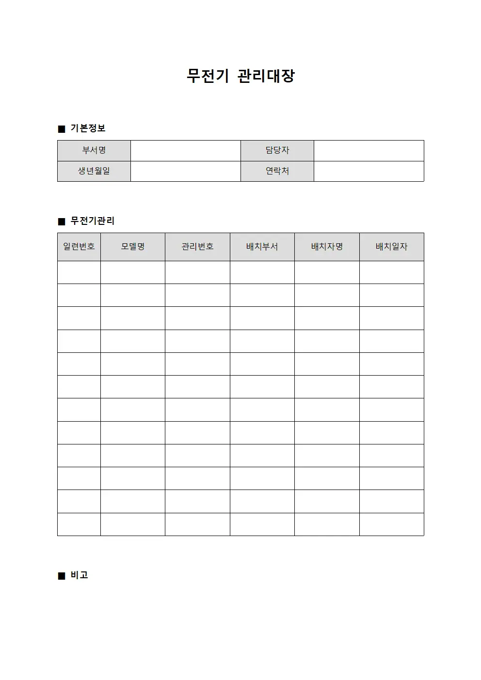 무전기관리대장 (안전요원무선기기)