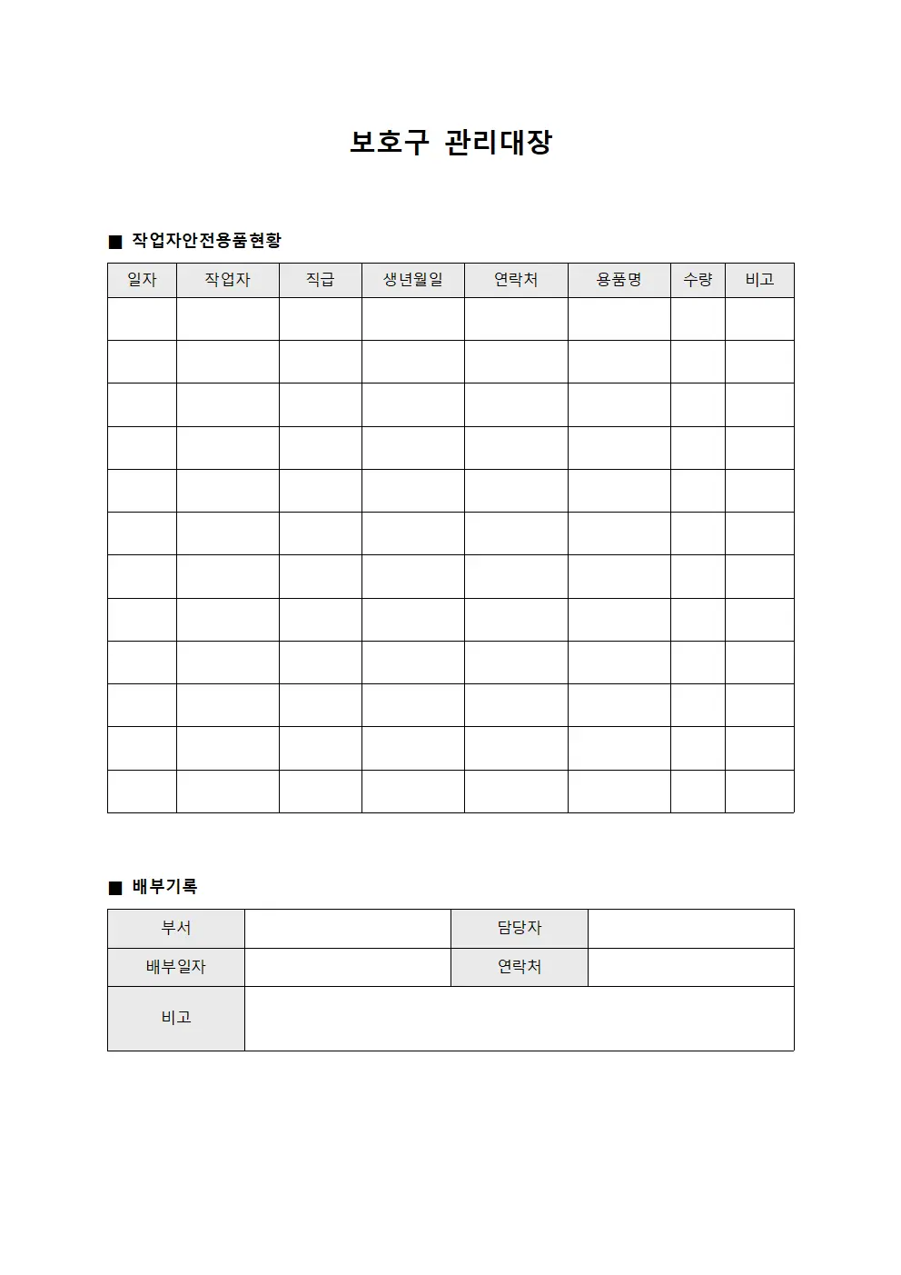 보호구관리대장 - 작업자안전용품