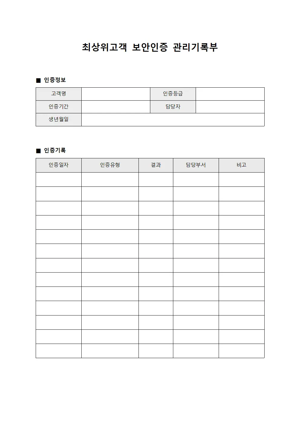 최상위고객 보안인증 관리기록부 서식문서