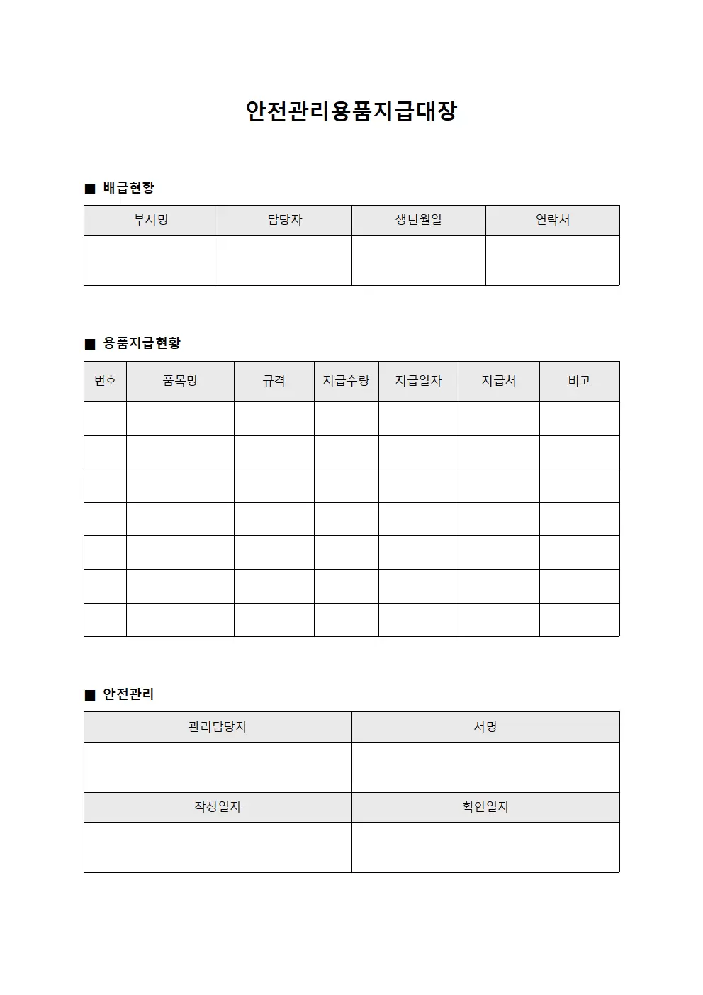 배급물품 현황 안전관리용품지급대장
