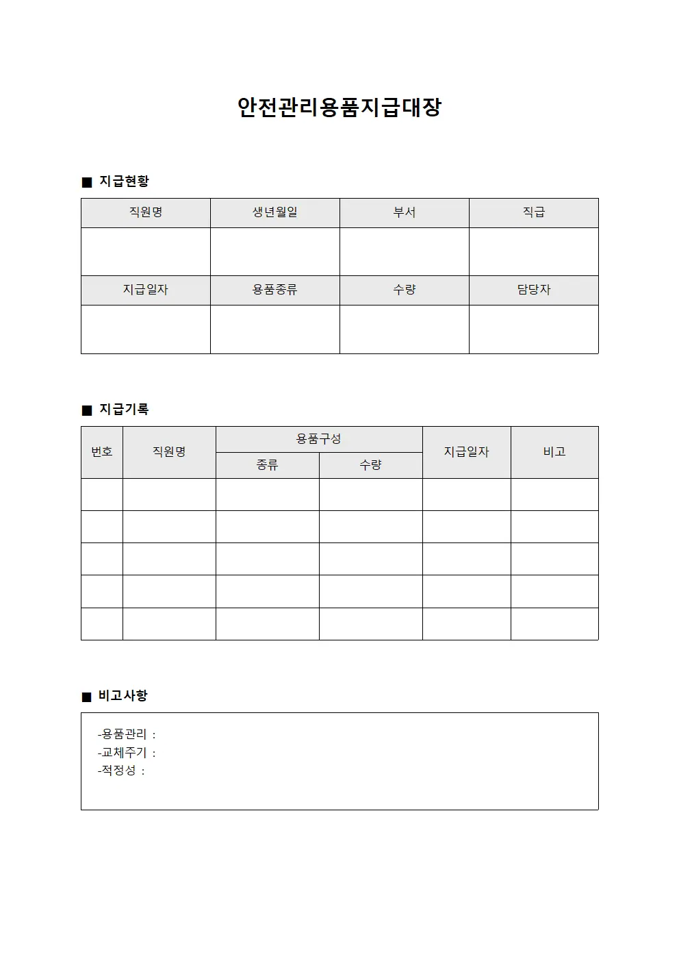 직원 개인보호구 안전관리용품지급대장 양식
