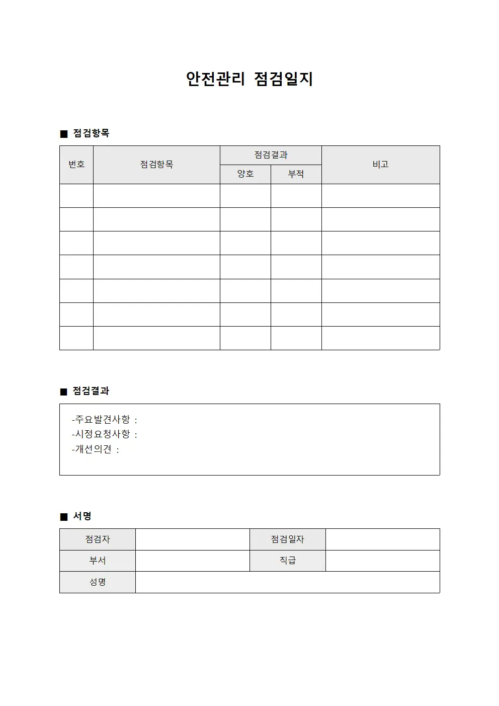 안전관리점검일지 - 일일생산