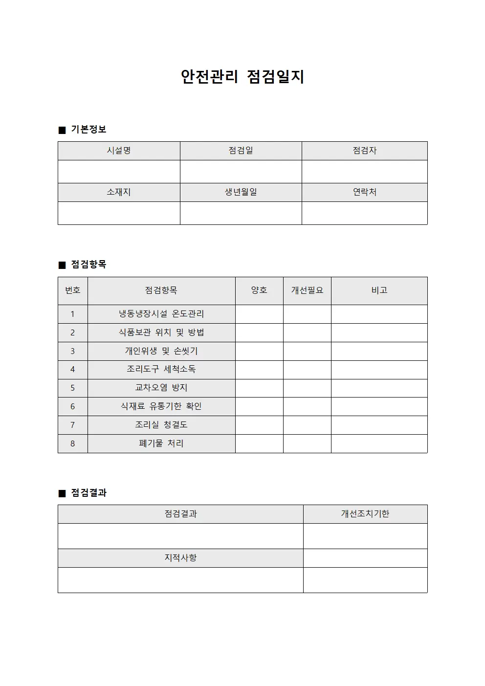 안전관리점검일지 (식품취급)