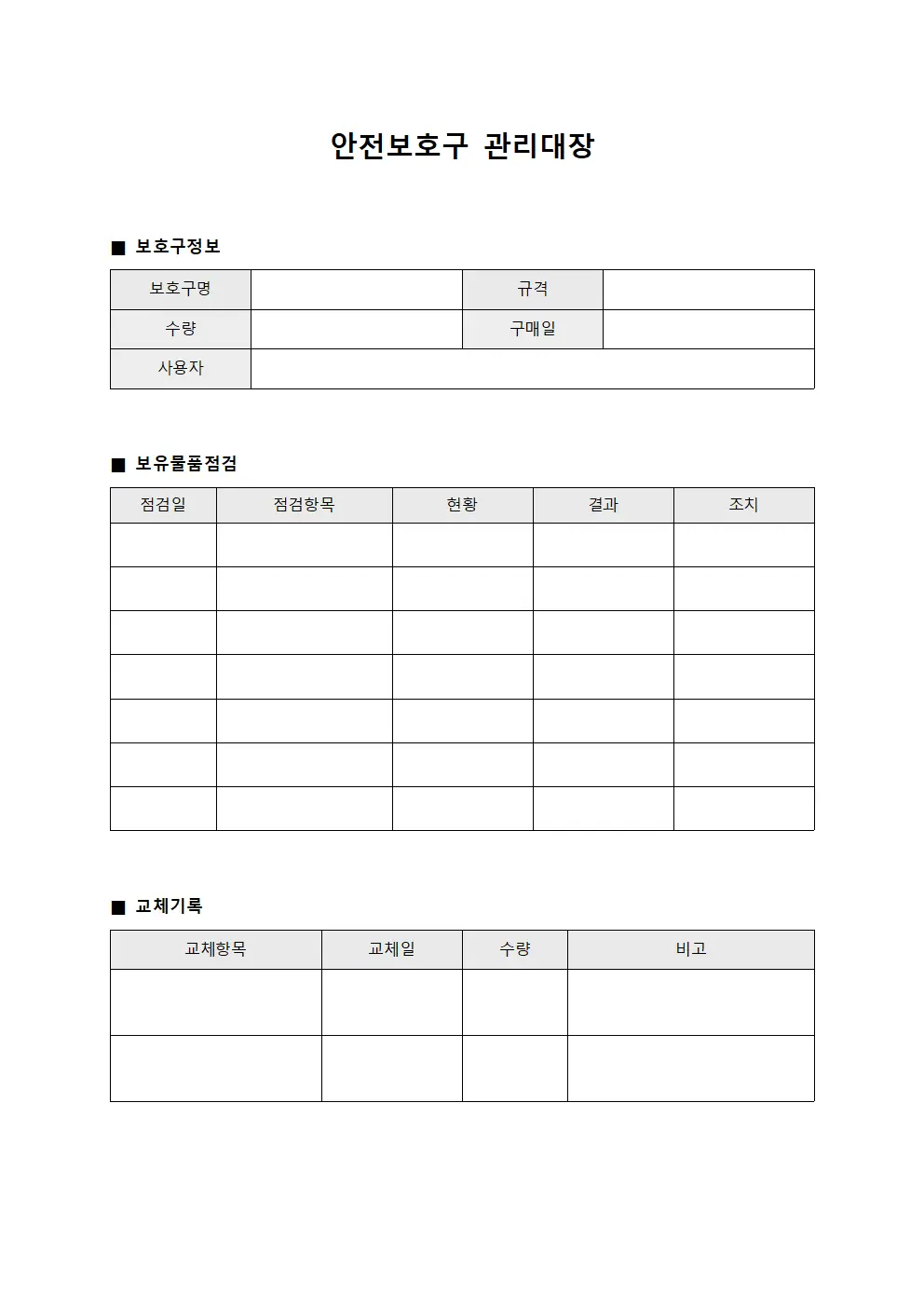 안전보호구관리대장 (보유물품점검및교체)