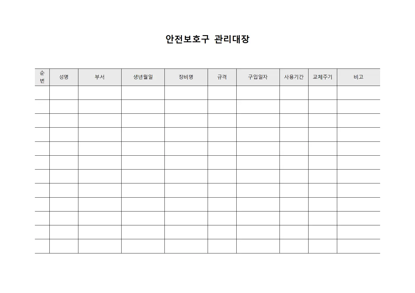 종사자안전장비교체현황 안전보호구관리대장