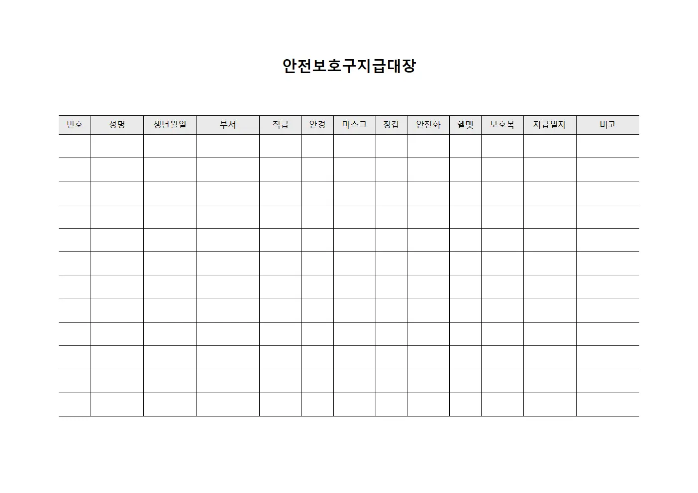 인원별 장비 배분 안전보호구지급대장