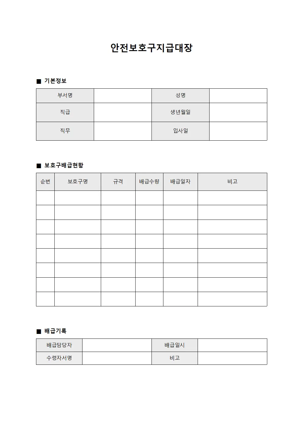 안전보호구지급대장 - 임직원 필수장비 배급현황