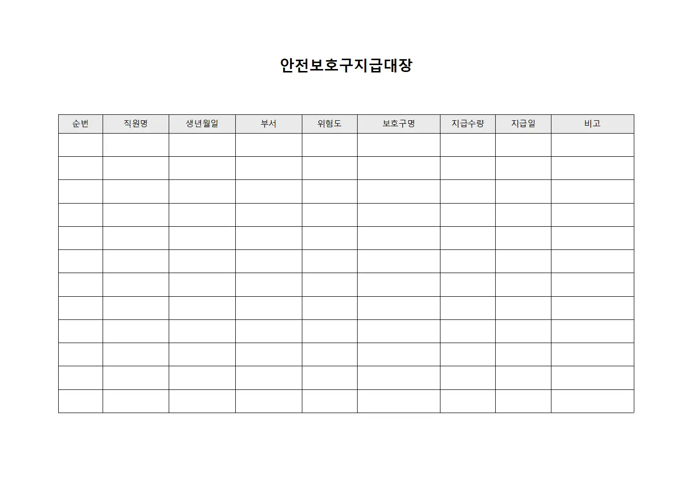 안전보호구지급대장 - 직원 신체보호용품 지급관리