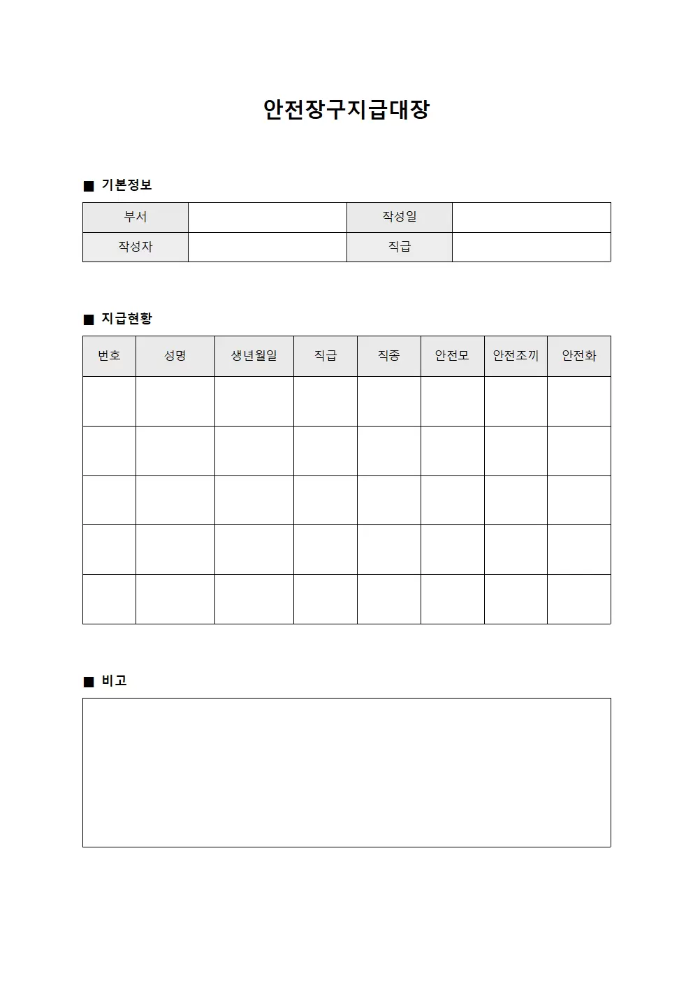 안전장구지급대장 - 전사원 배분용품