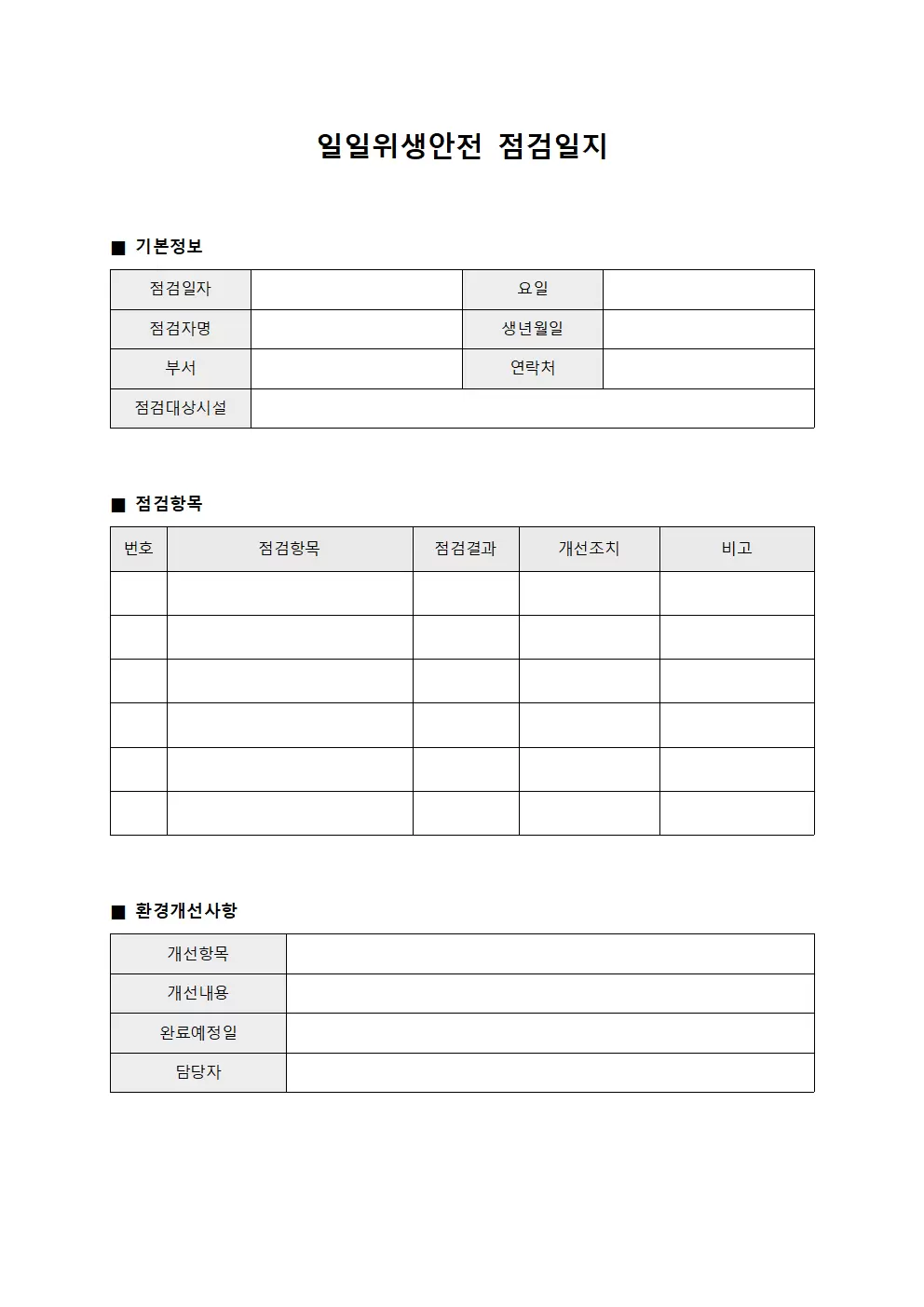 일일위생안전점검일지 (환경개선 대장)