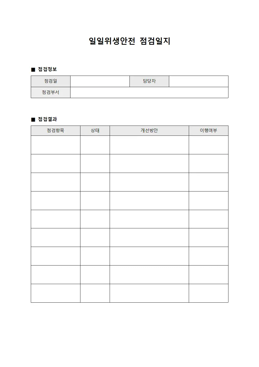 일일위생안전점검일지 (부서별순회점검)