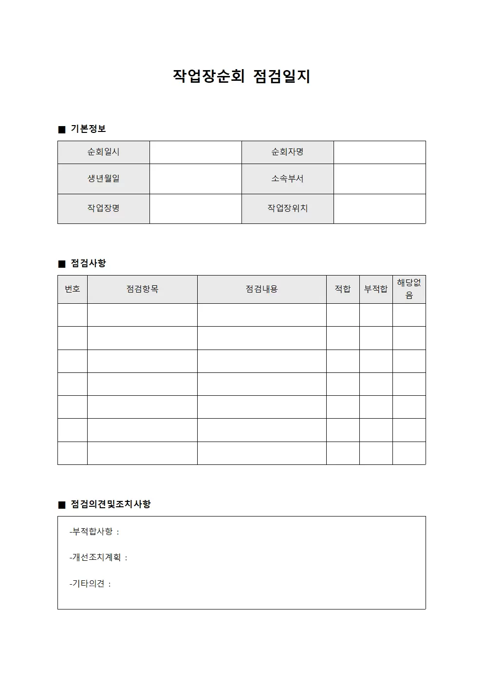부적절사항 작업장순회점검일지 양식문서