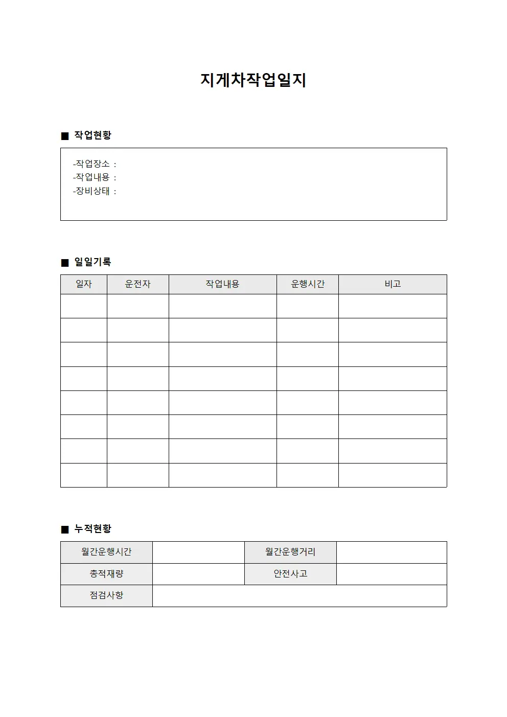 지게차작업일지 - 누적 실행 현황판