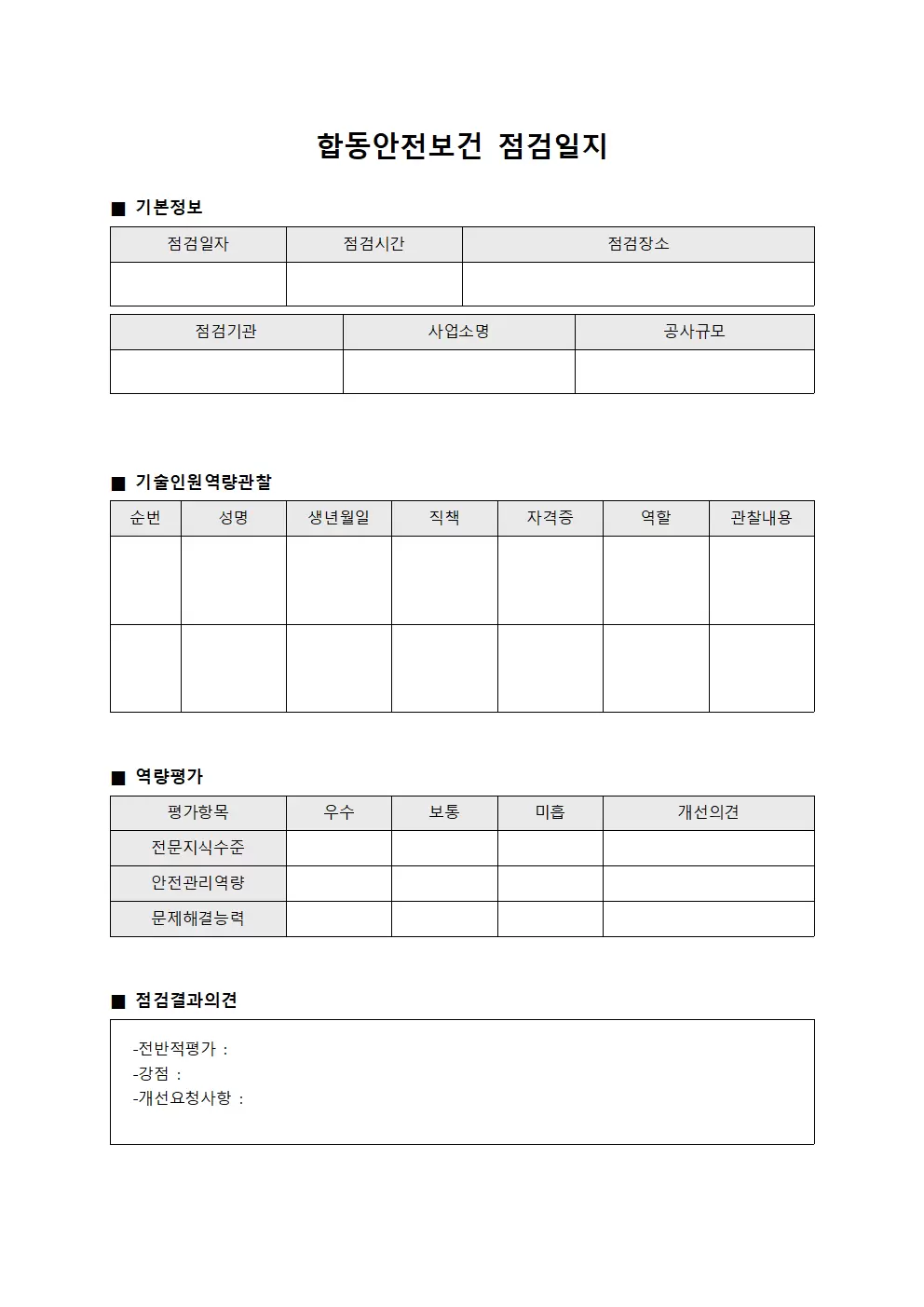 합동안전보건점검일지 - 기술인원역량관찰
