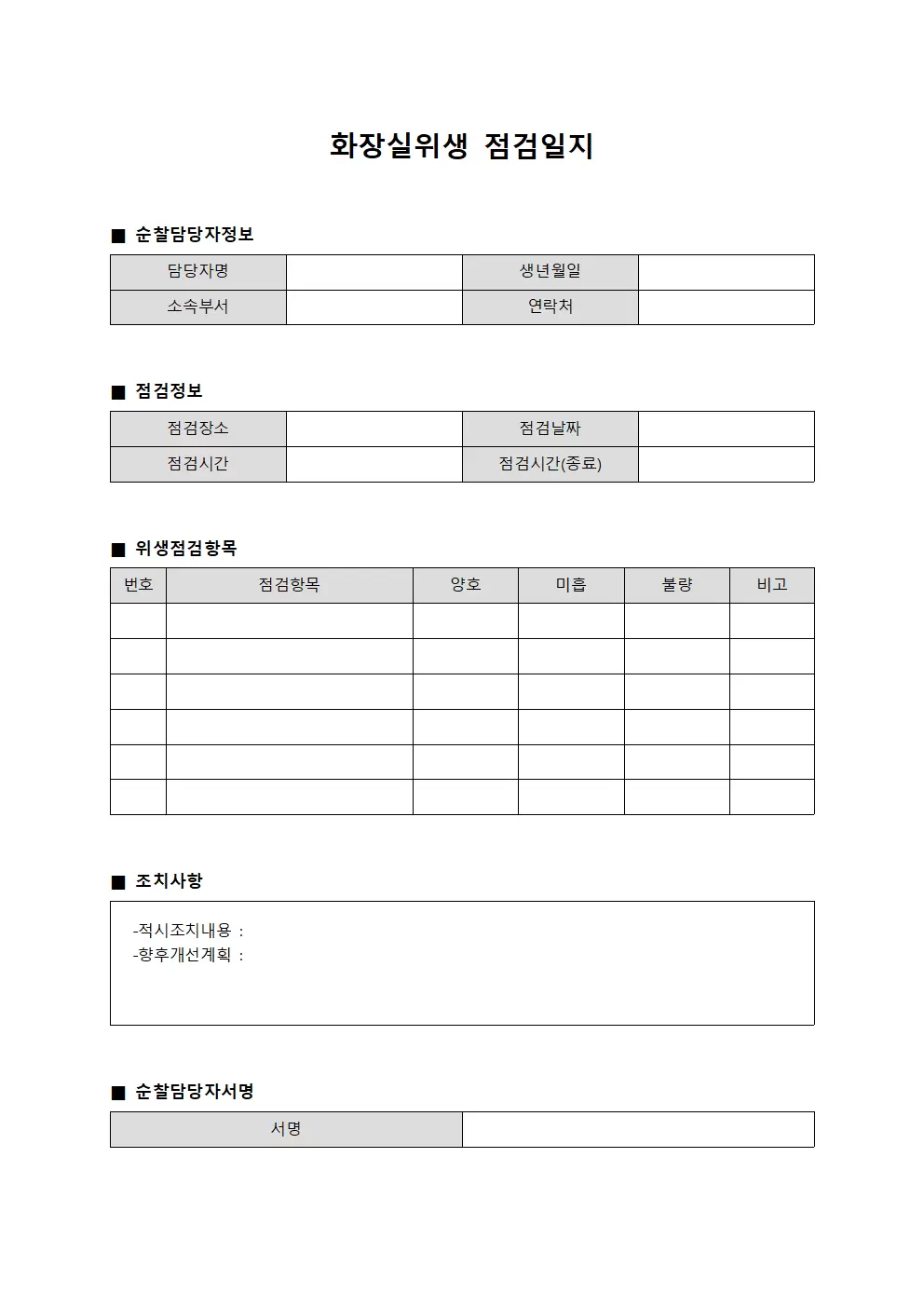 화장실위생점검일지 - 순찰담당 보고