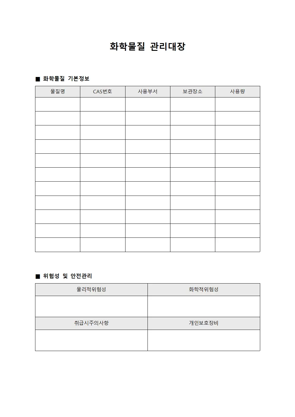 화학물질관리대장 (위험물질사용현황)
