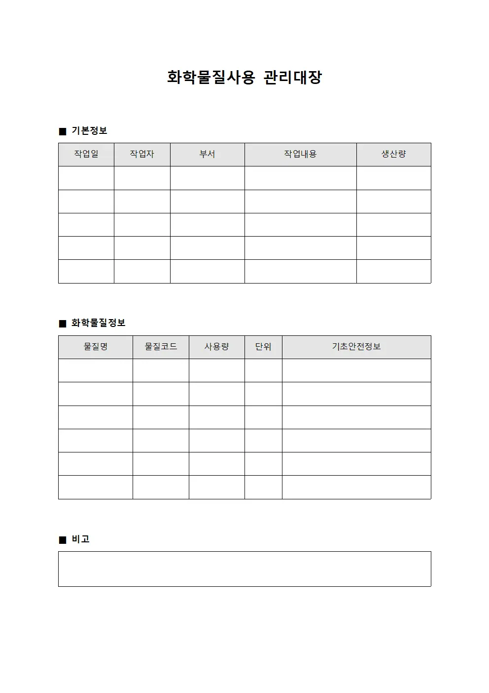 화학물질사용관리대장 (작업일지및생산량)