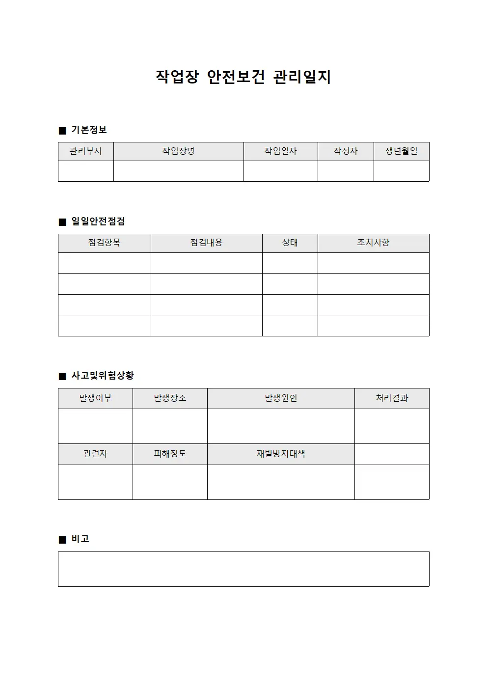 작업장 안전보건 관리일지