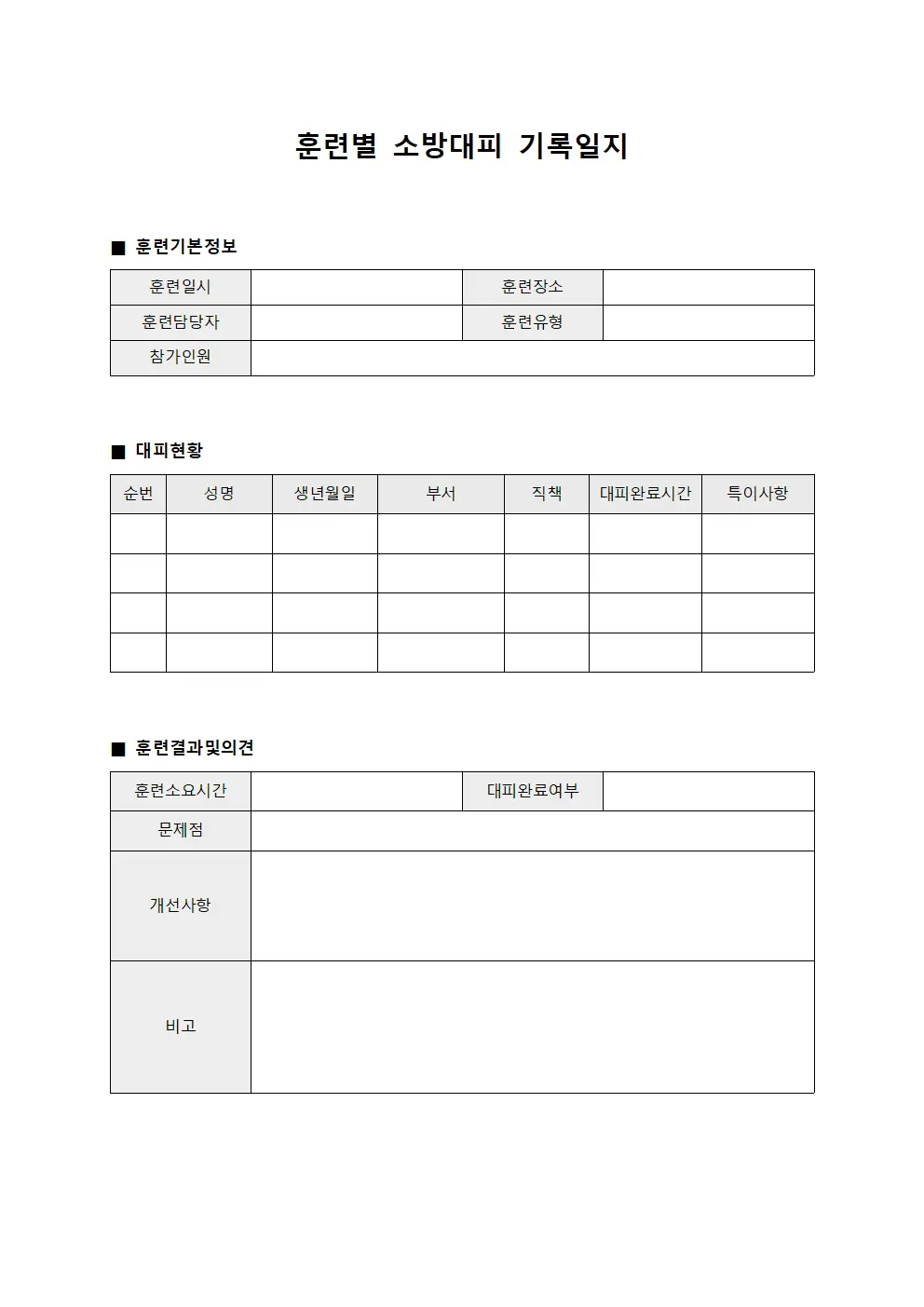 훈련별 소방대피 기록일지
