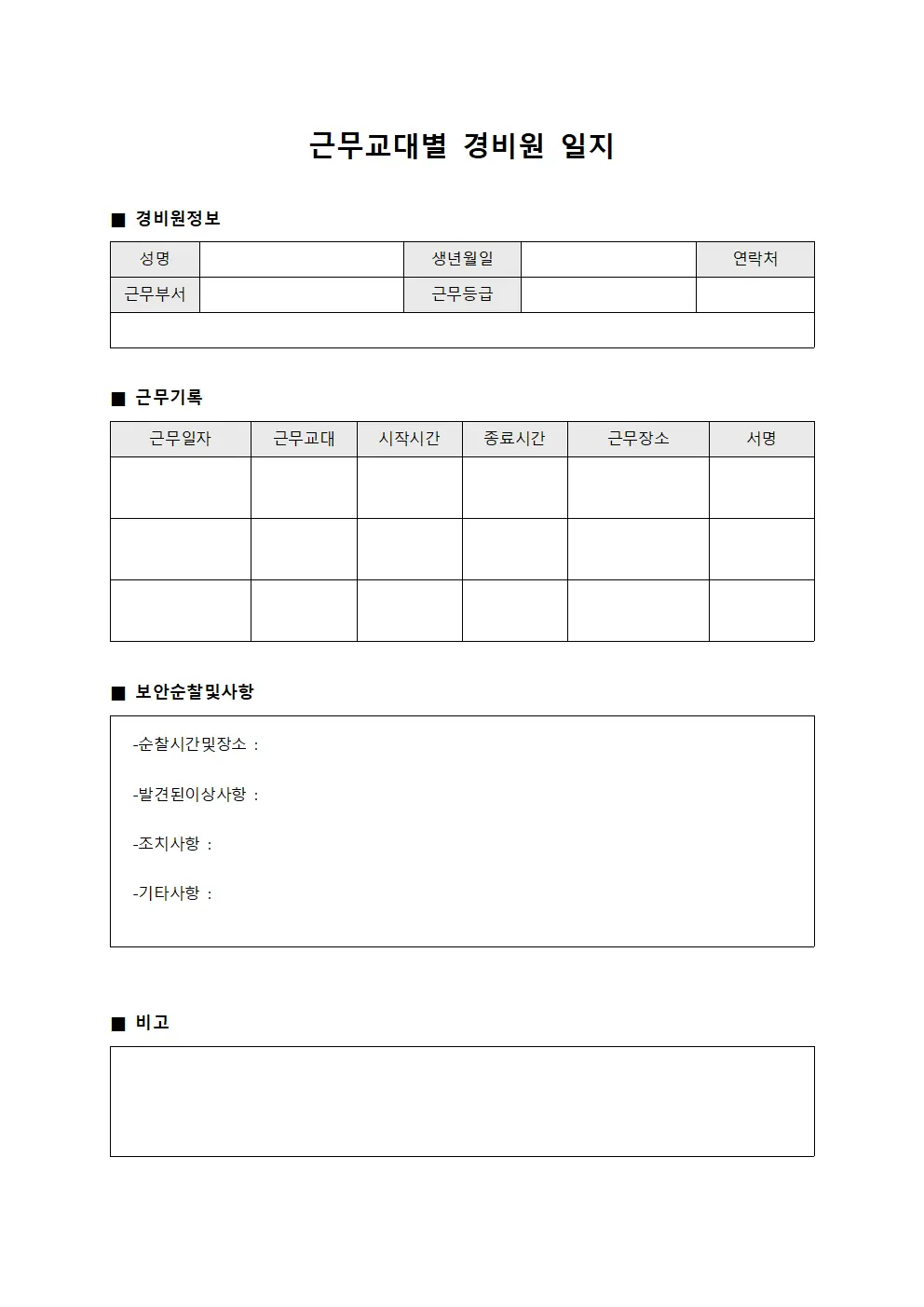 근무교대별 경비원 일지