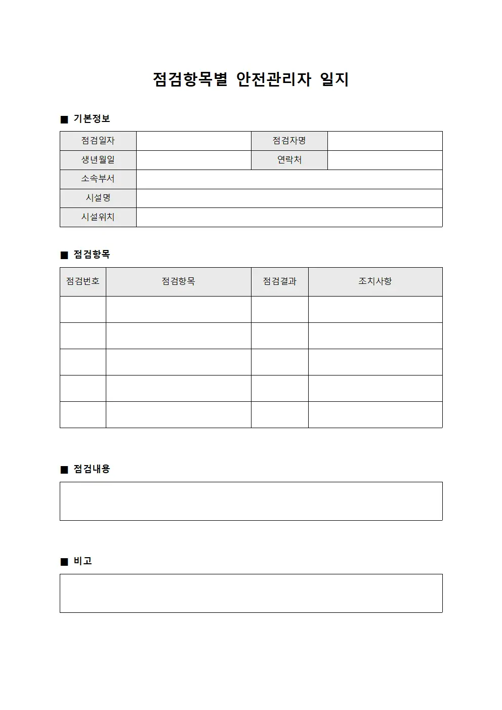 점검항목별 안전관리자 일지 양식