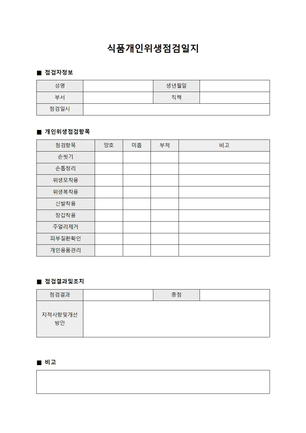 식품개인위생점검일지