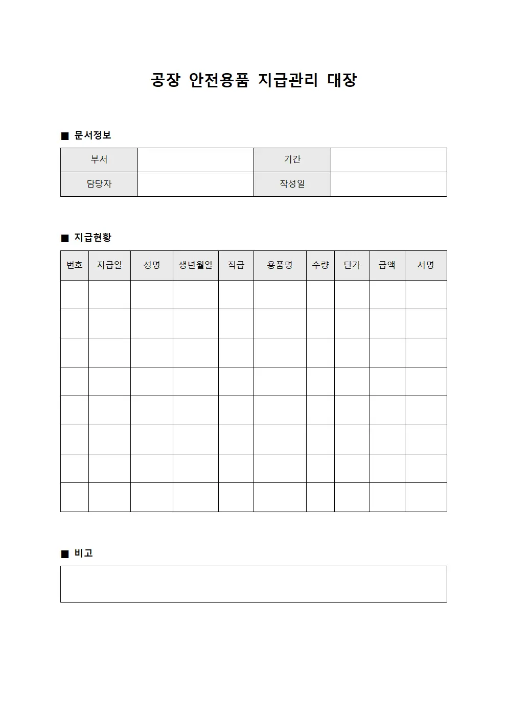 공장 안전용품 지급관리 대장 양식.서식