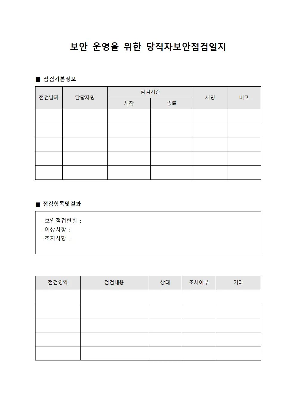 보안 운영을 위한 당직자보안점검일지