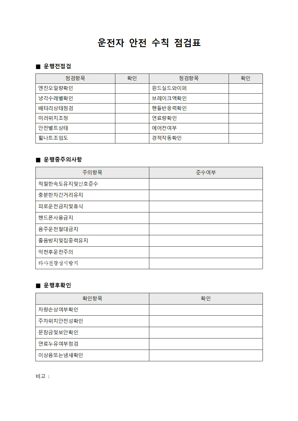 운전자 안전 수칙 점검표
