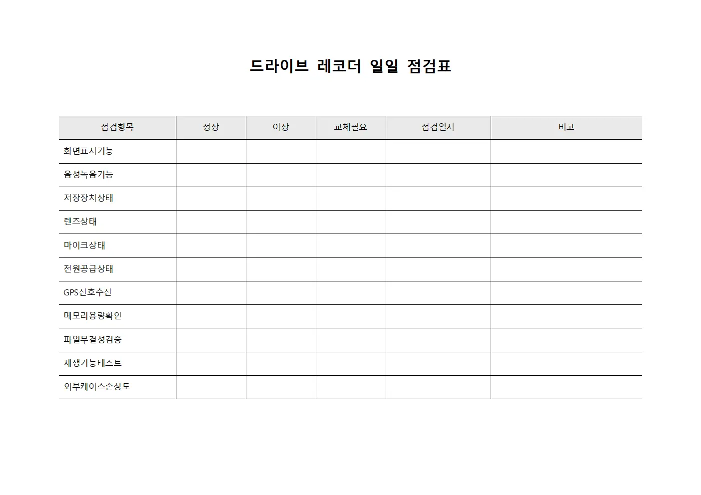 드라이브 레코더 일일 점검표 파일양식
