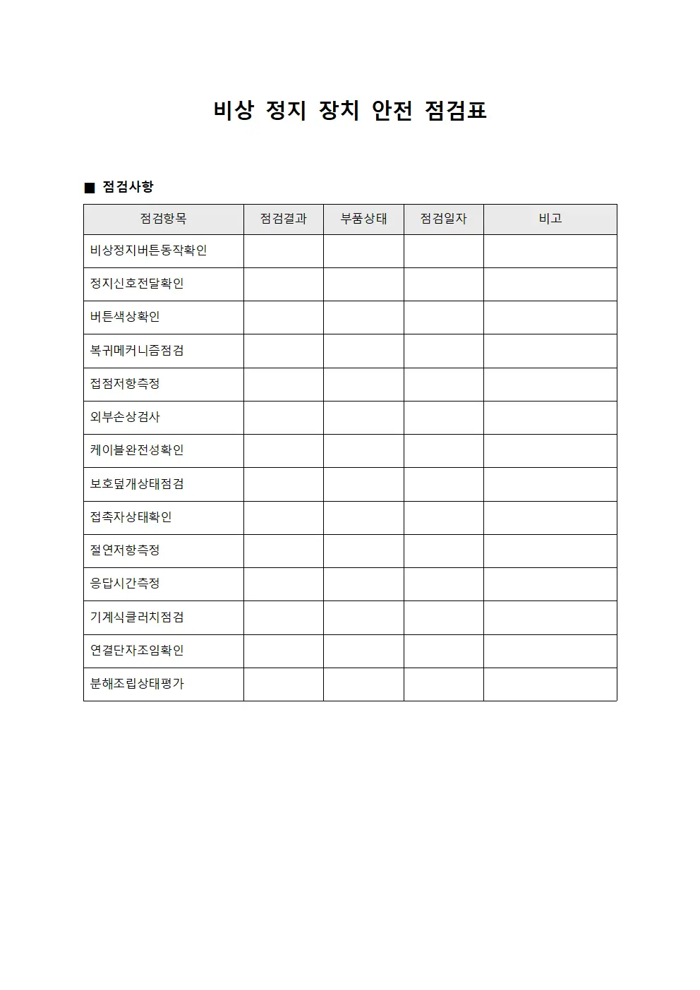 비상 정지 장치 안전 점검표 템플릿