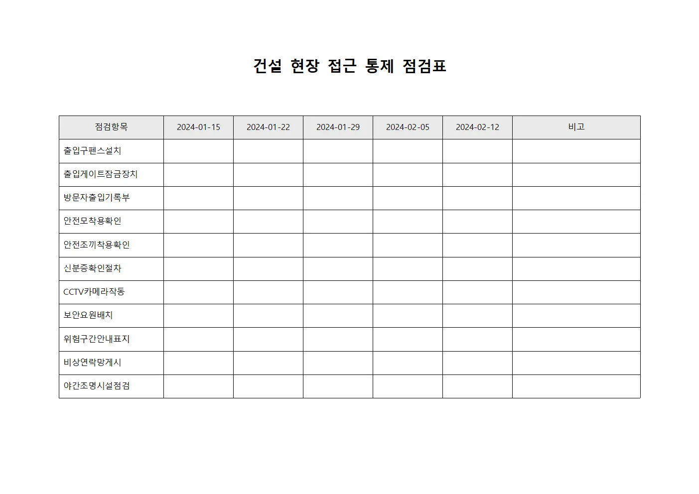 건설 현장 접근 통제 점검표 서식문서
